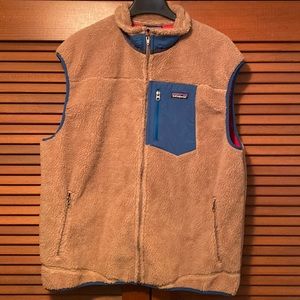Men's Vintage Patagonia Retro X Deep Pile Zip Up Fleece Vest XXL Blue Tan